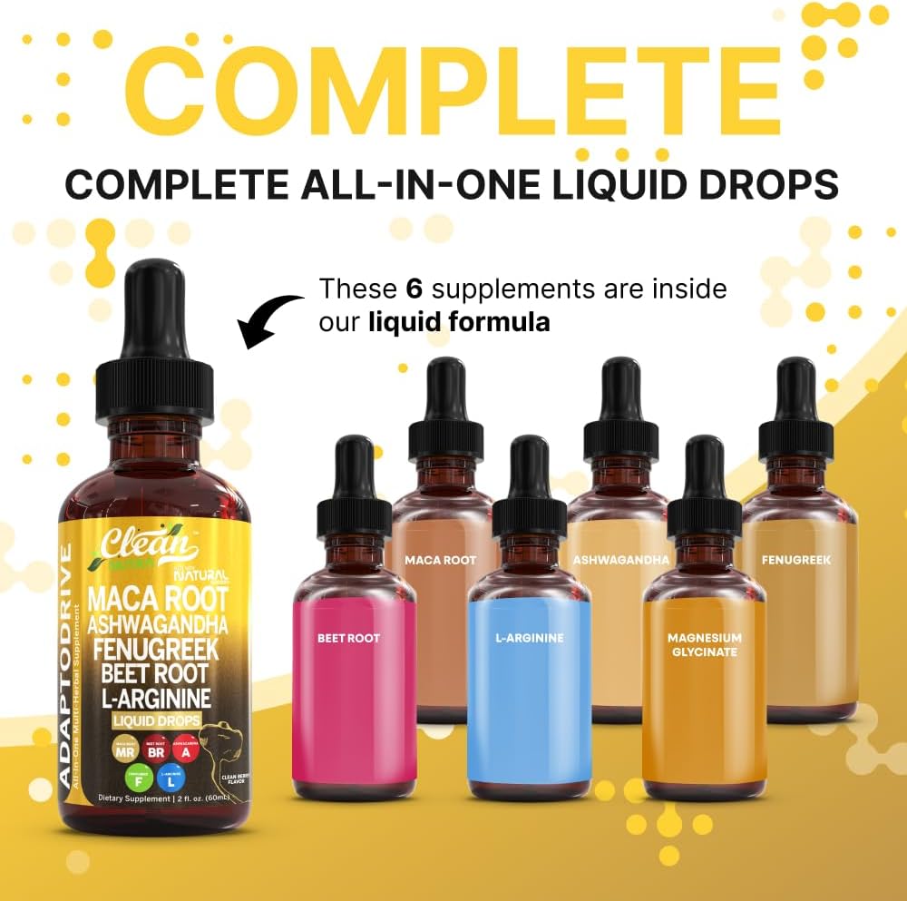 Organic Maca Root Liquid Drops with Ashwagandha, Fenugreek, Beet Root & L-Arginine – Liquid Multivitamin for Women & Men – Adapto Drive