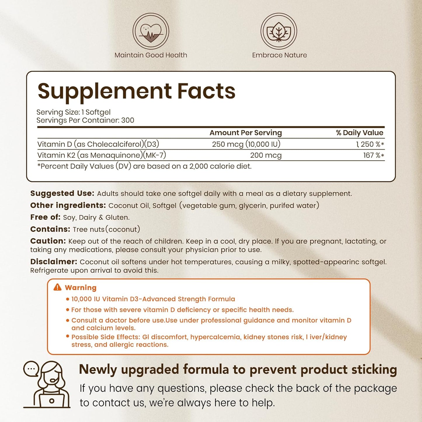 VEV Corefeel Vitamin D3 K2 10,000 IU, 200 mcg MK-7, 300 Coconut Oil Softgels, 2 in 1 Vitamins Supplement D & K (Include MK7), Easy to Swallow, Supports Calcium Absorption, Bone Health