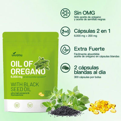 Aceite de Orégano 300 Cápsulas con Aceite de Semilla Negra | Antioxidantes Naturales para la Forma Física | Apoyo Nutricional | Suplemento Alimenticio Comestible Botánico de Alta Eficacia